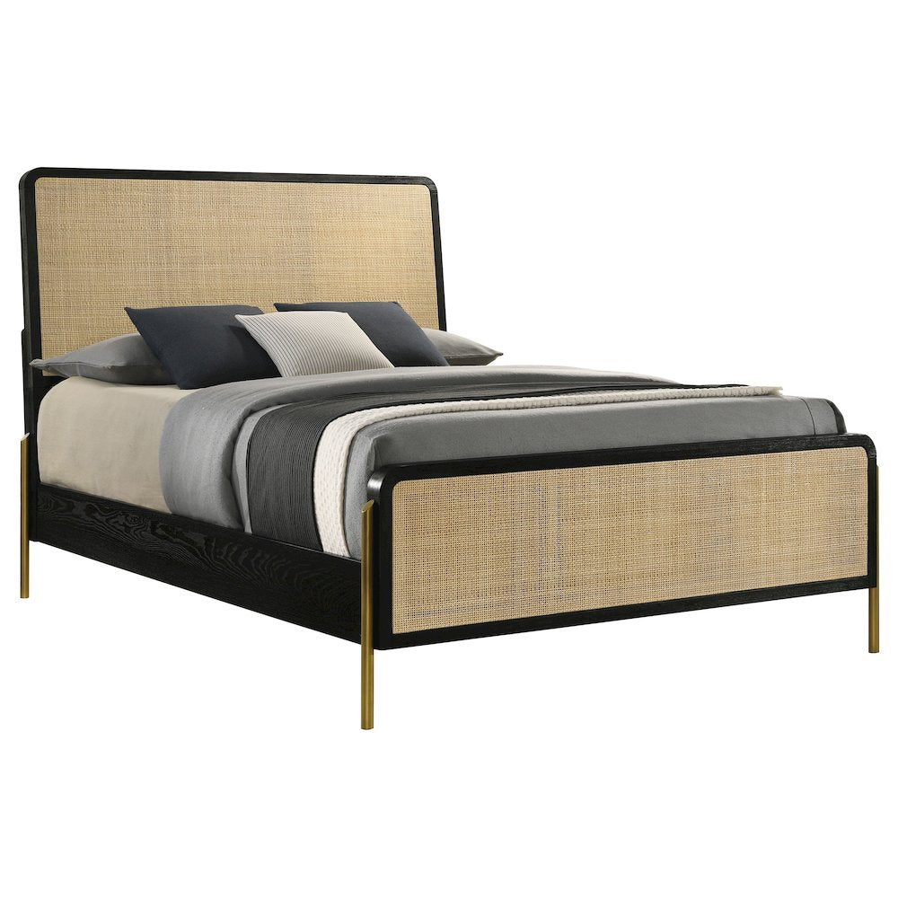 Lepine Arini Eastern King Black & Natural Rattan Panel Bed – Boho Style Coastal Design