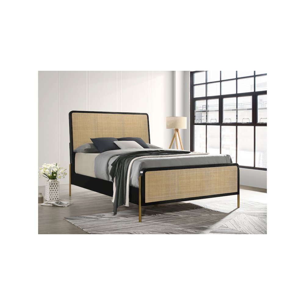 Eira Arini Queen Black & Natural Rattan Panel Bed – Boho Style with Woven Headboard