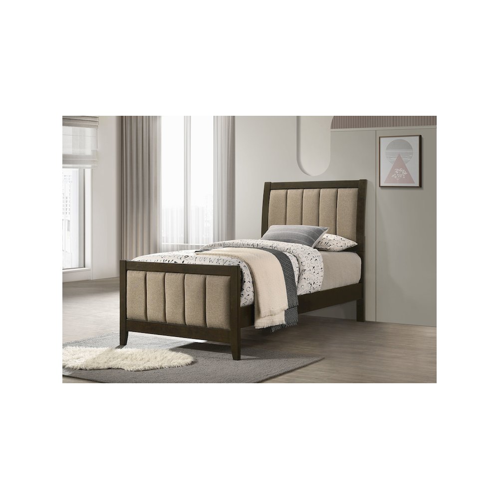 Mark Wilkes Twin Dark Cocoa Upholstered Bed – Modern Panel Design