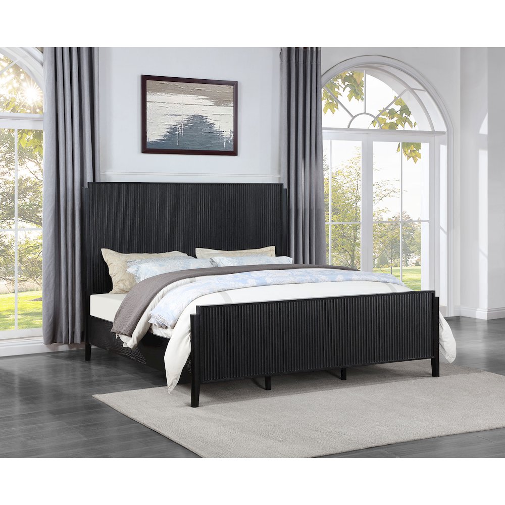 Sarine Brookmead Black Wood Eastern King Panel Bed – Modern Wire Brushed Finish Platform Bed