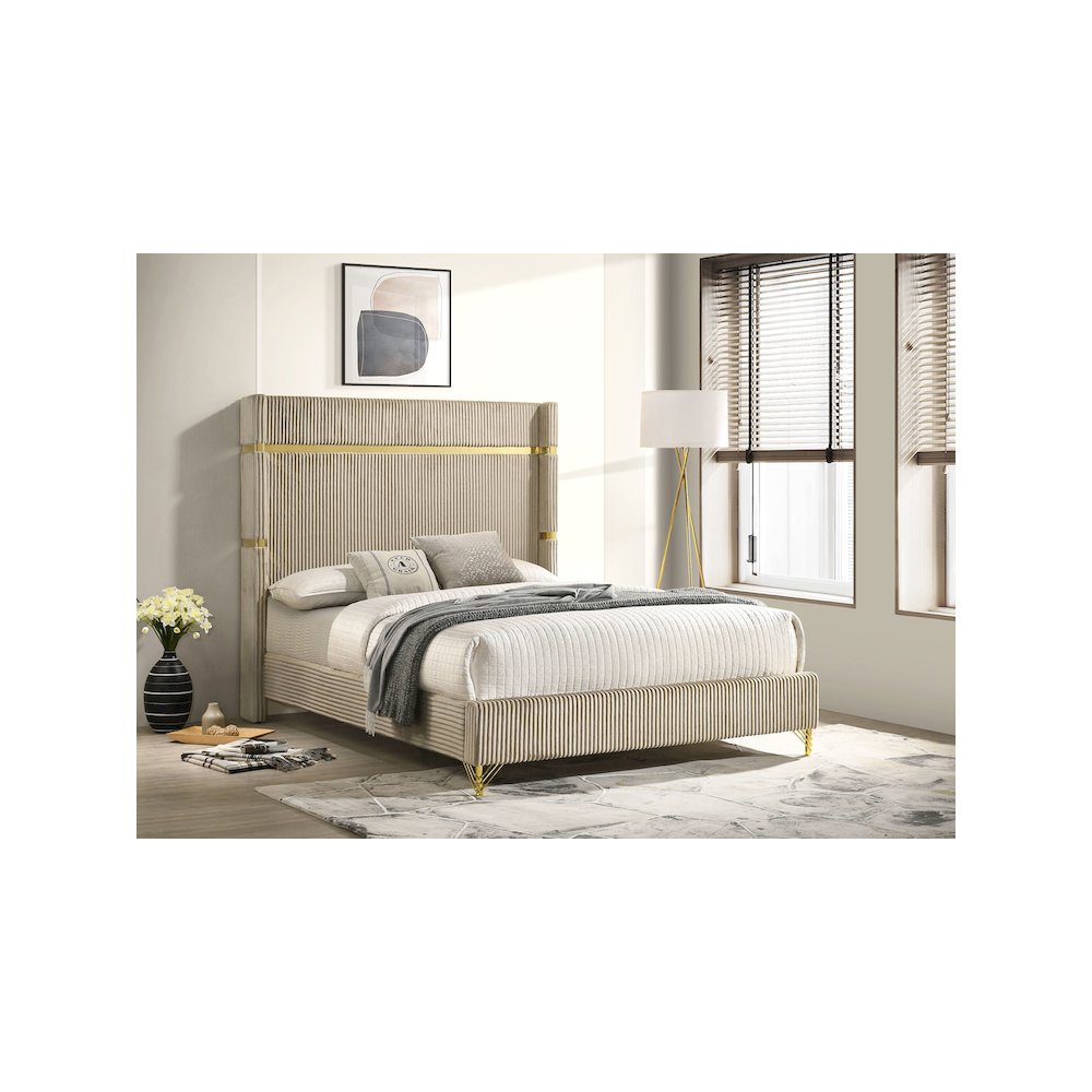 Richard Lucia Collection Queen Beige Velvet Upholstered Wingback Bed – Modern Panel Design with Gold Trim Accents