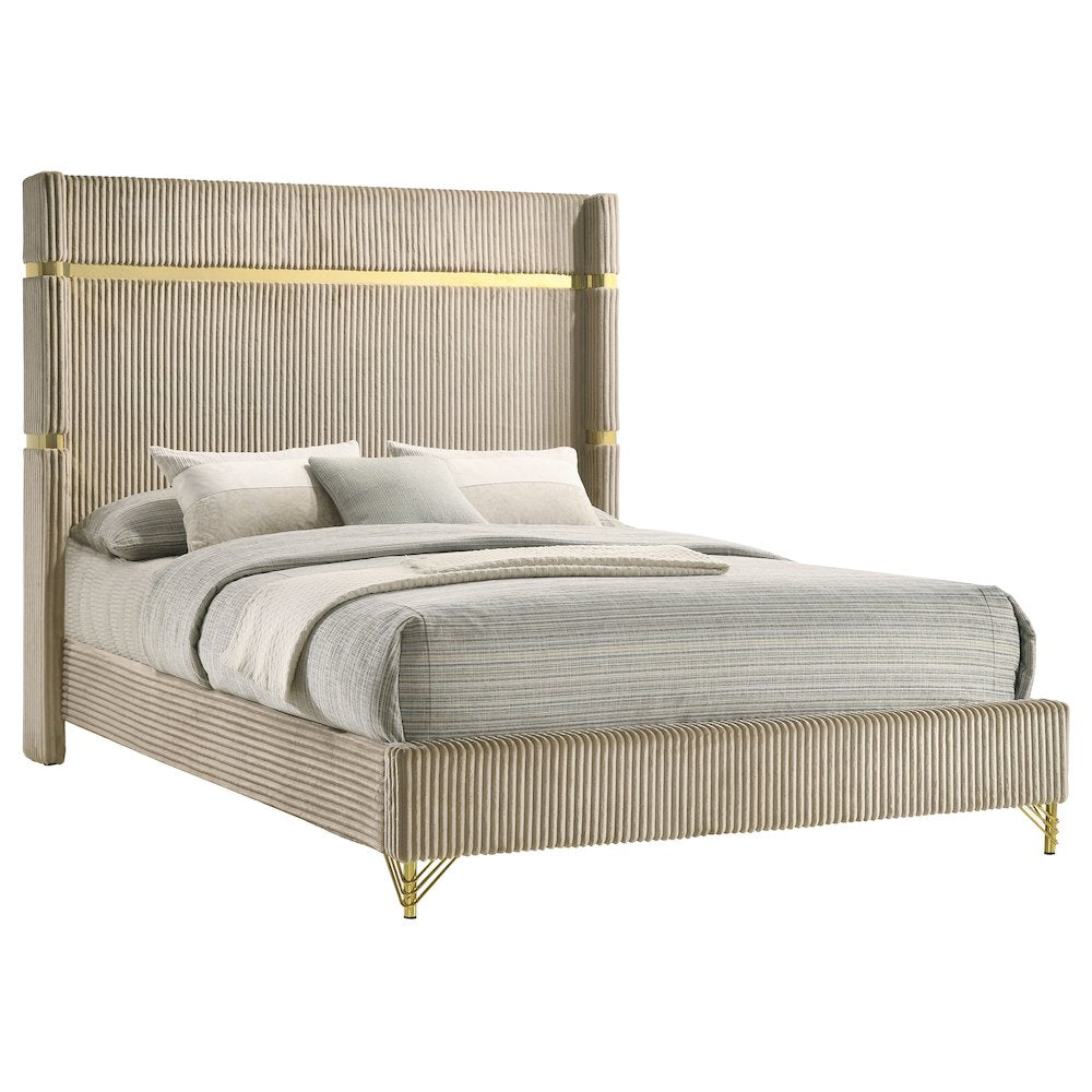Richard Lucia Collection Queen Beige Velvet Upholstered Wingback Bed – Modern Panel Design with Gold Trim Accents