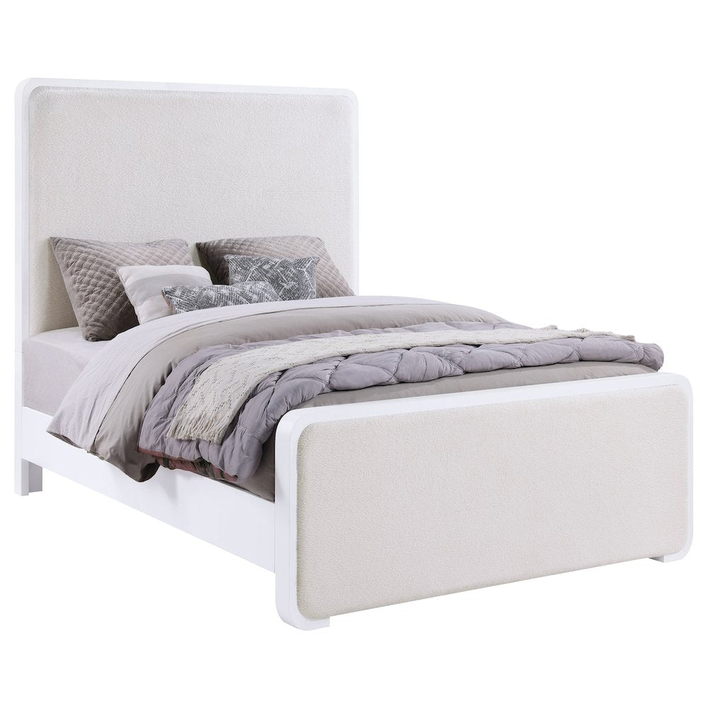 Quincia Anastasia Queen Pearl White Upholstered Panel Bed – Modern Contemporary with Padded Headboard