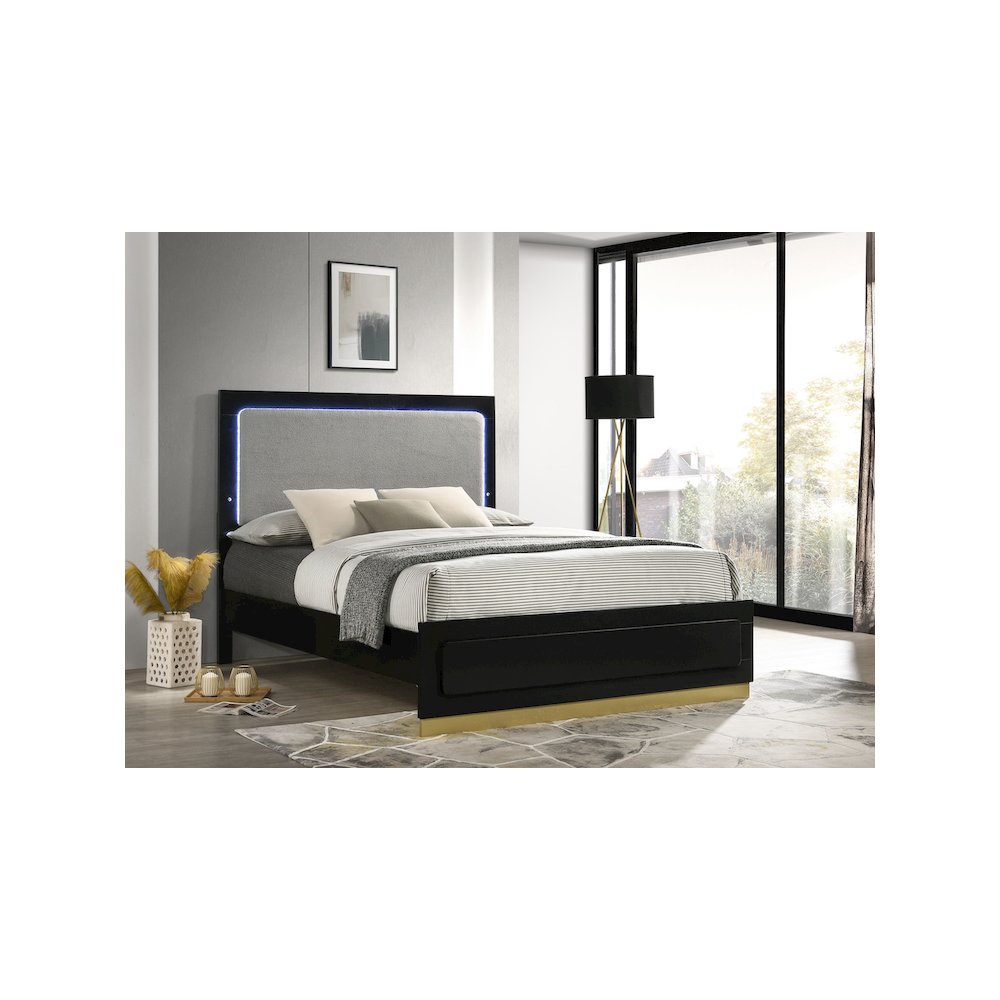 Karine Caraway Queen Black Wood Panel Bed – Modern LED Headboard Design
