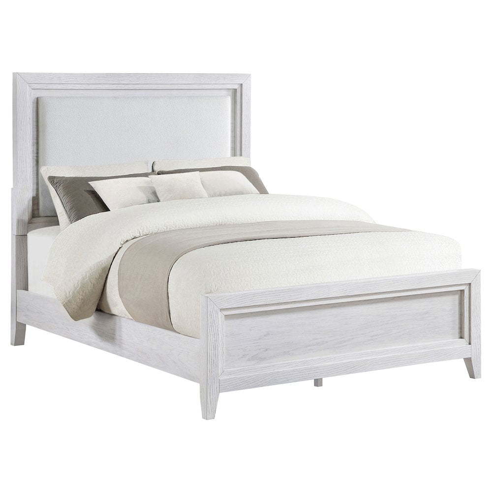 Hiro Marielle Eastern King LED Panel Bed Distressed White Finish – Contemporary Wood Frame with Fabric Headboard