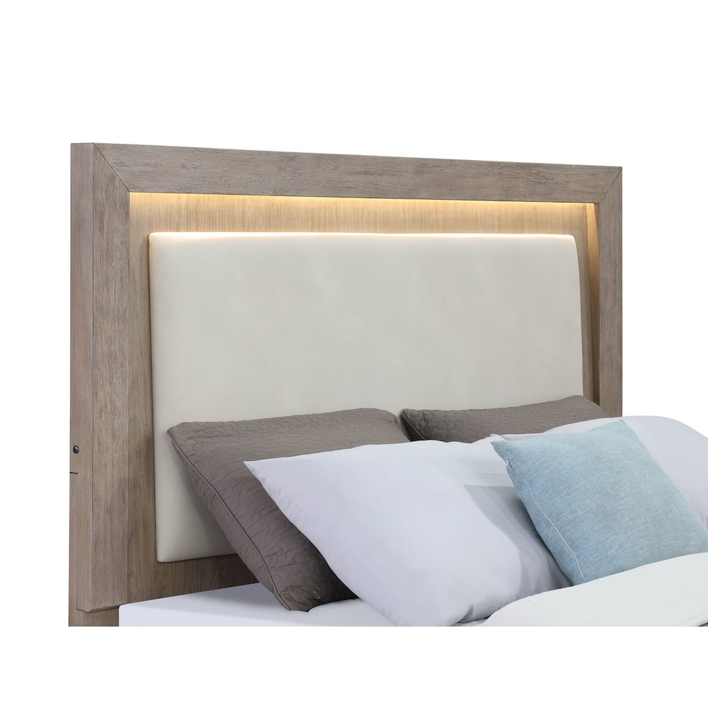 Maxium Kenora Eastern King Barley Brown Wood Storage Bed – Modern LED Upholstered Headboard with 4 Drawers
