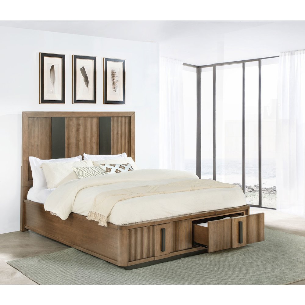 Dayna Terrace Queen Ash Brown Wooden Storage Bed – Contemporary Fluted Headboard with Drawers