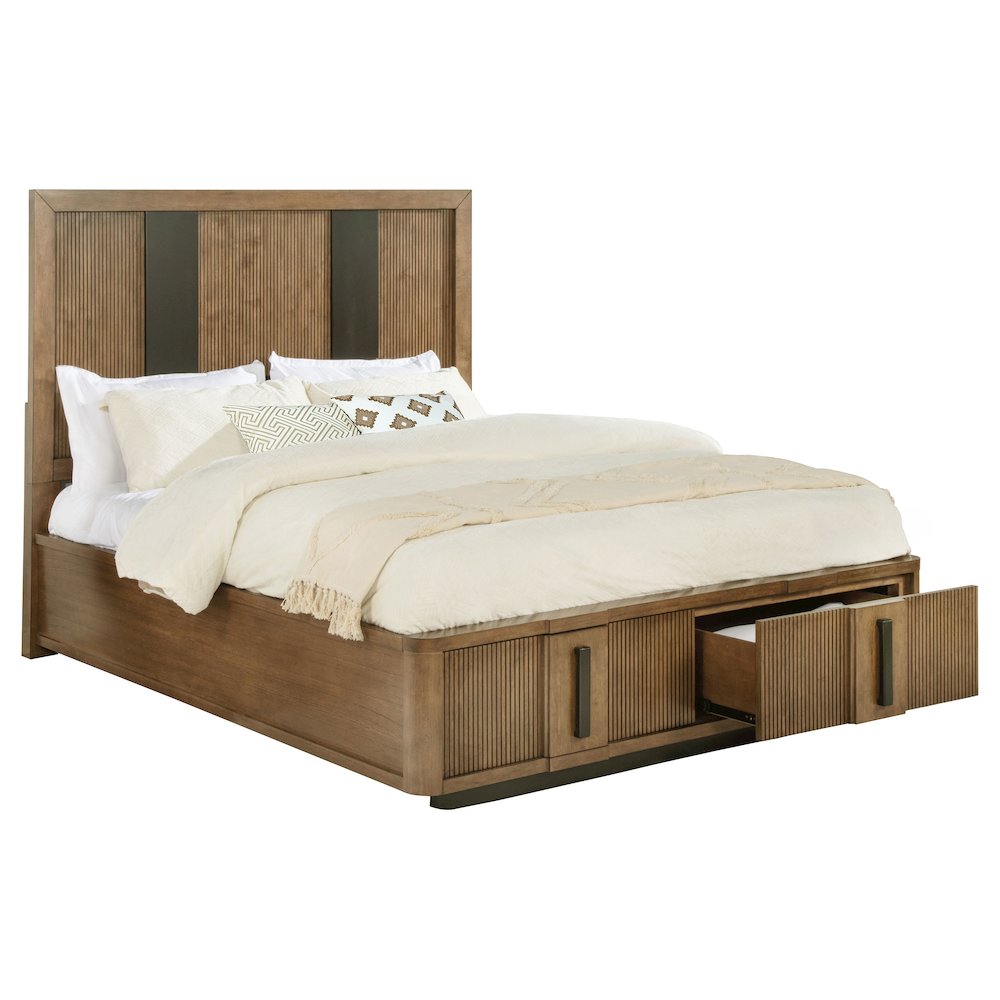 Dayna Terrace Queen Ash Brown Wooden Storage Bed – Contemporary Fluted Headboard with Drawers