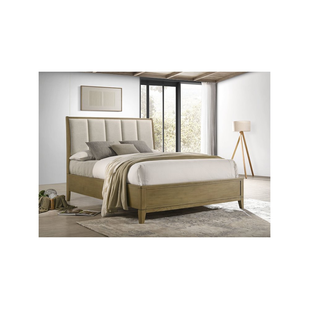 Toveli Granada Eastern King Beige Upholstered Panel Bed – Transitional Natural Pine Frame