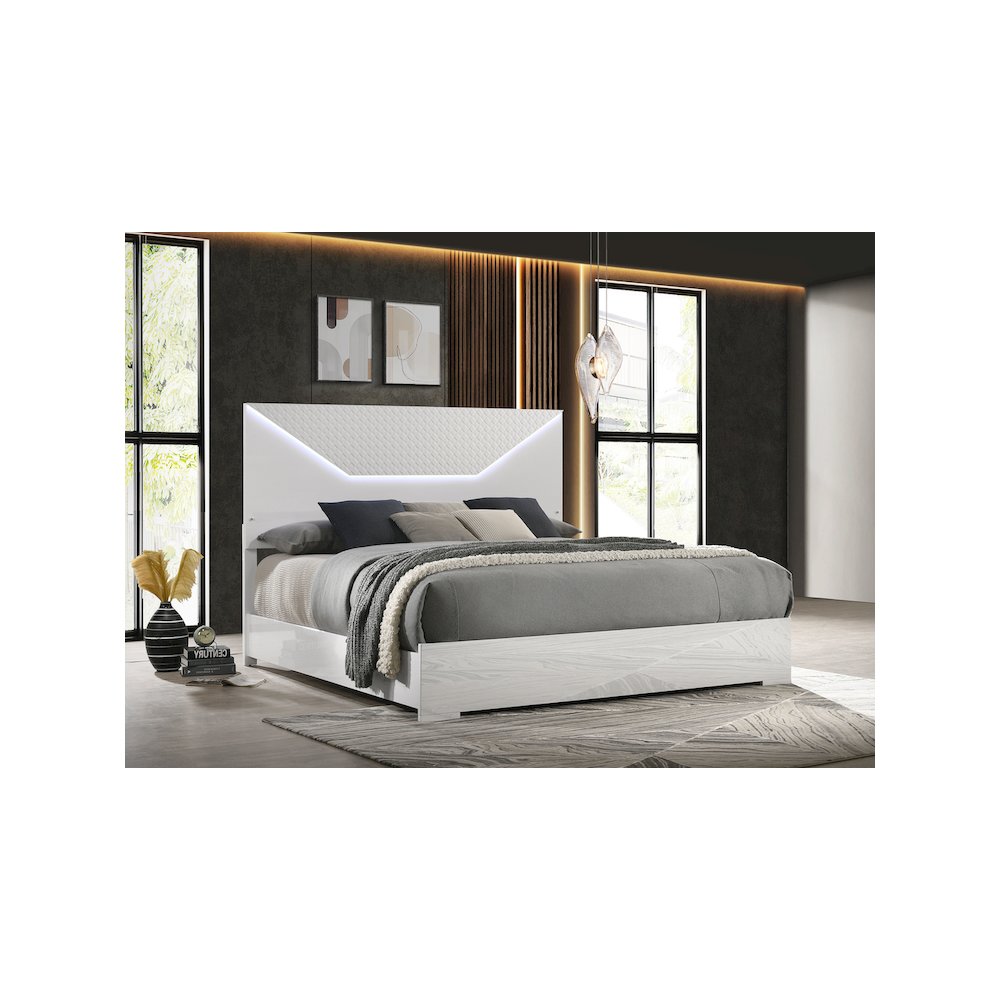 Ives Eastern King Panel Bed LED Headboard White High Gloss