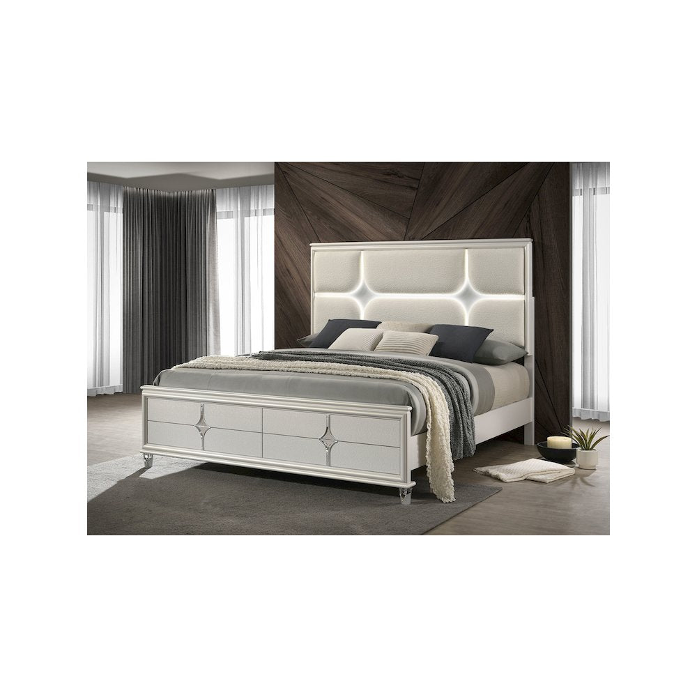 Franklin Olivia Collection Queen Pearl White Boucle Bed Frame  Modern Panel Bed with LED Star Headboard