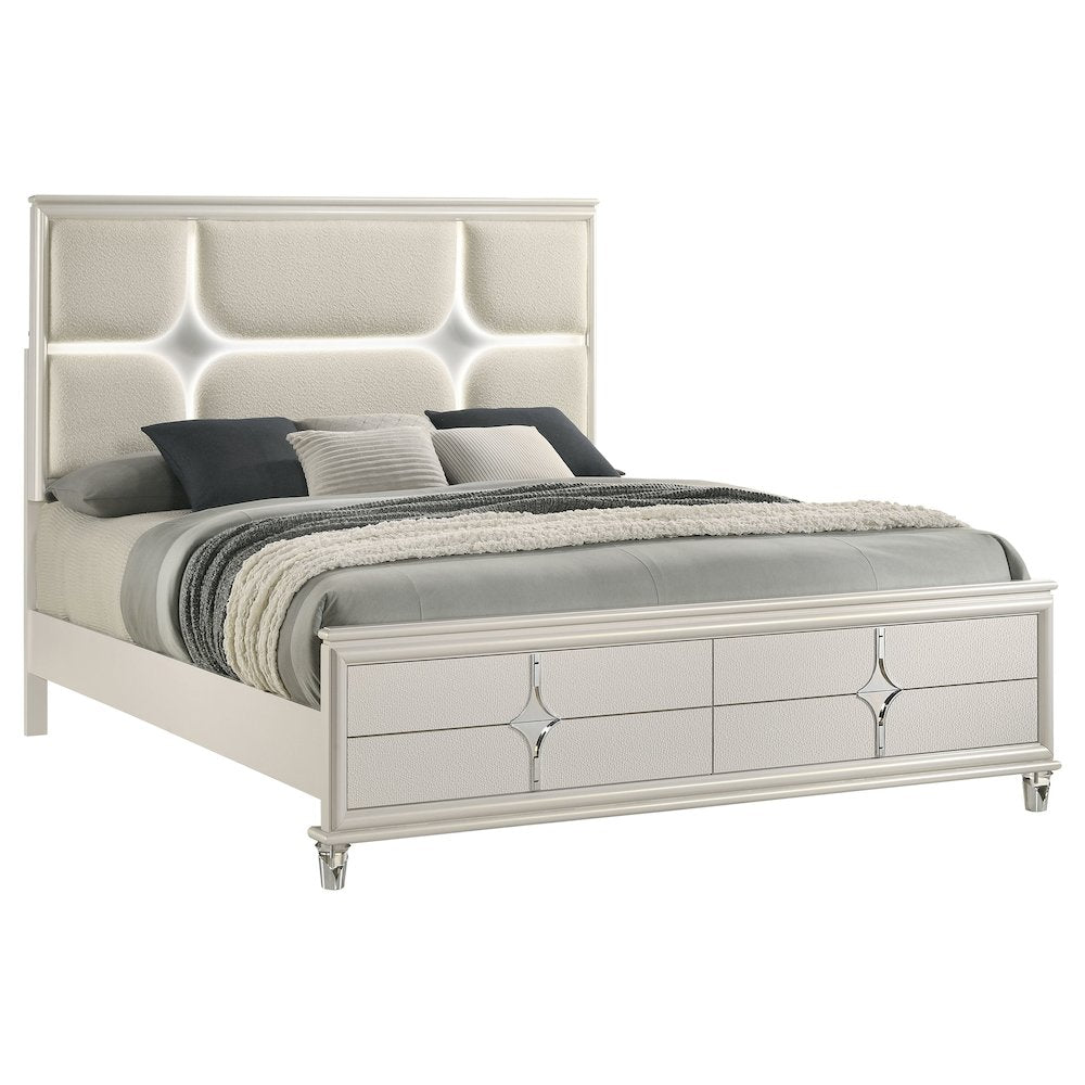 Franklin Olivia Collection Queen Pearl White Boucle Bed Frame  Modern Panel Bed with LED Star Headboard