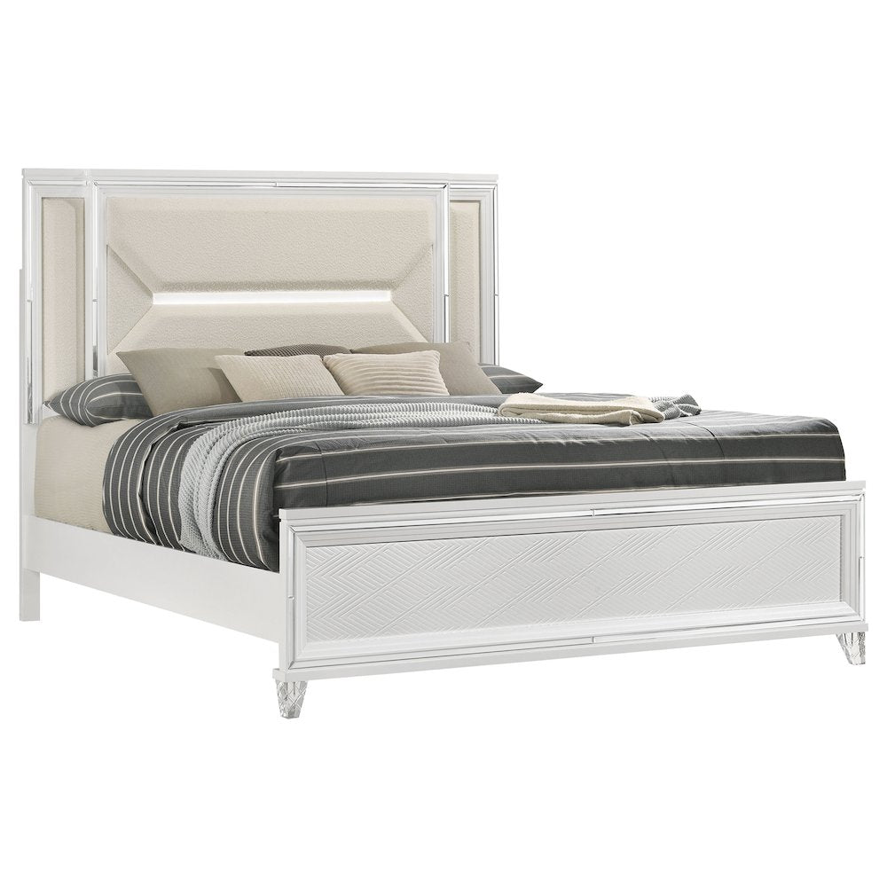 Wasco Marmore Eastern King White Modern Panel Bed – 3D LED Headboard with Mirror Framing & Chrome Accents