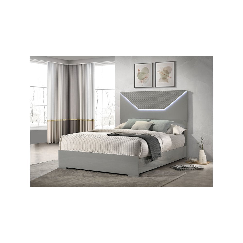 Lee Ives Queen Panel Bed LED Headboard – Grey High Gloss Contemporary Design with 3D Diamond Emboss
