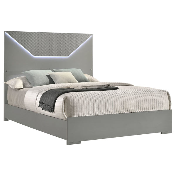 Lee Ives Queen Panel Bed LED Headboard – Grey High Gloss Contemporary Design with 3D Diamond Emboss