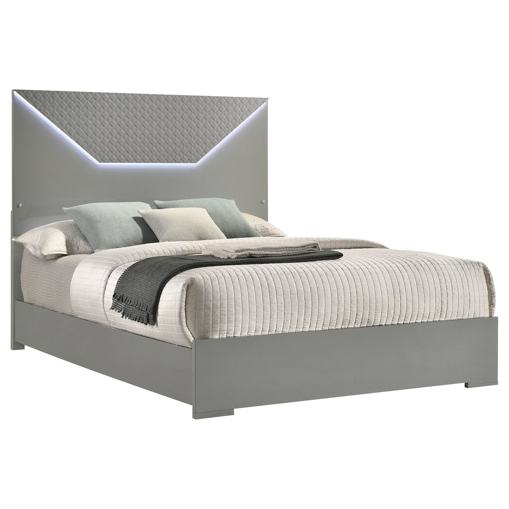 Lee Ives Queen Panel Bed LED Headboard – Grey High Gloss Contemporary Design with 3D Diamond Emboss