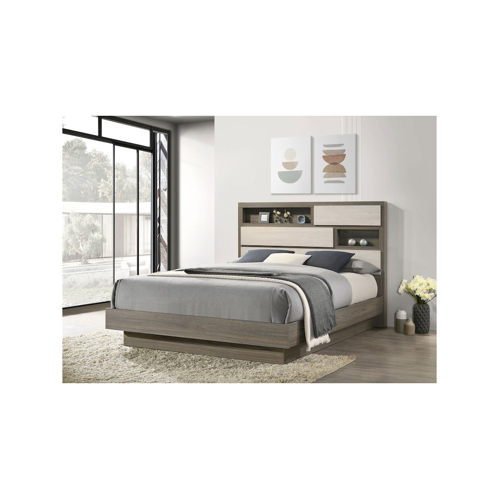 Javi Fenwick California King Grey Oak Wood Bed – Bookcase Headboard, Storage Design