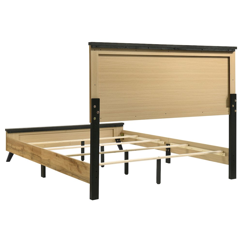Milky Kaywood 51-Inch Full Natural Pine Panel Bed – Mid-Century Modern with Black Metal Accents