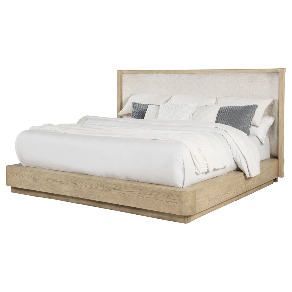 Caronia Kailani California King Beige Oak Wood Platform Bed – Modern Wingback with Fabric Headboard