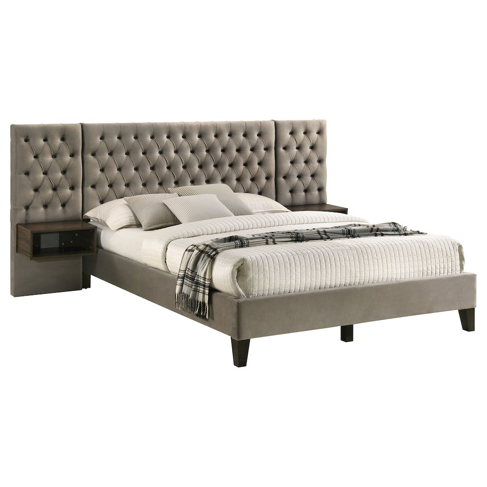 Radhe Marley Eastern King Light Brown Upholstered Platform Bed  Modern Wall Mounted Bed with Floating Nightstand Panels