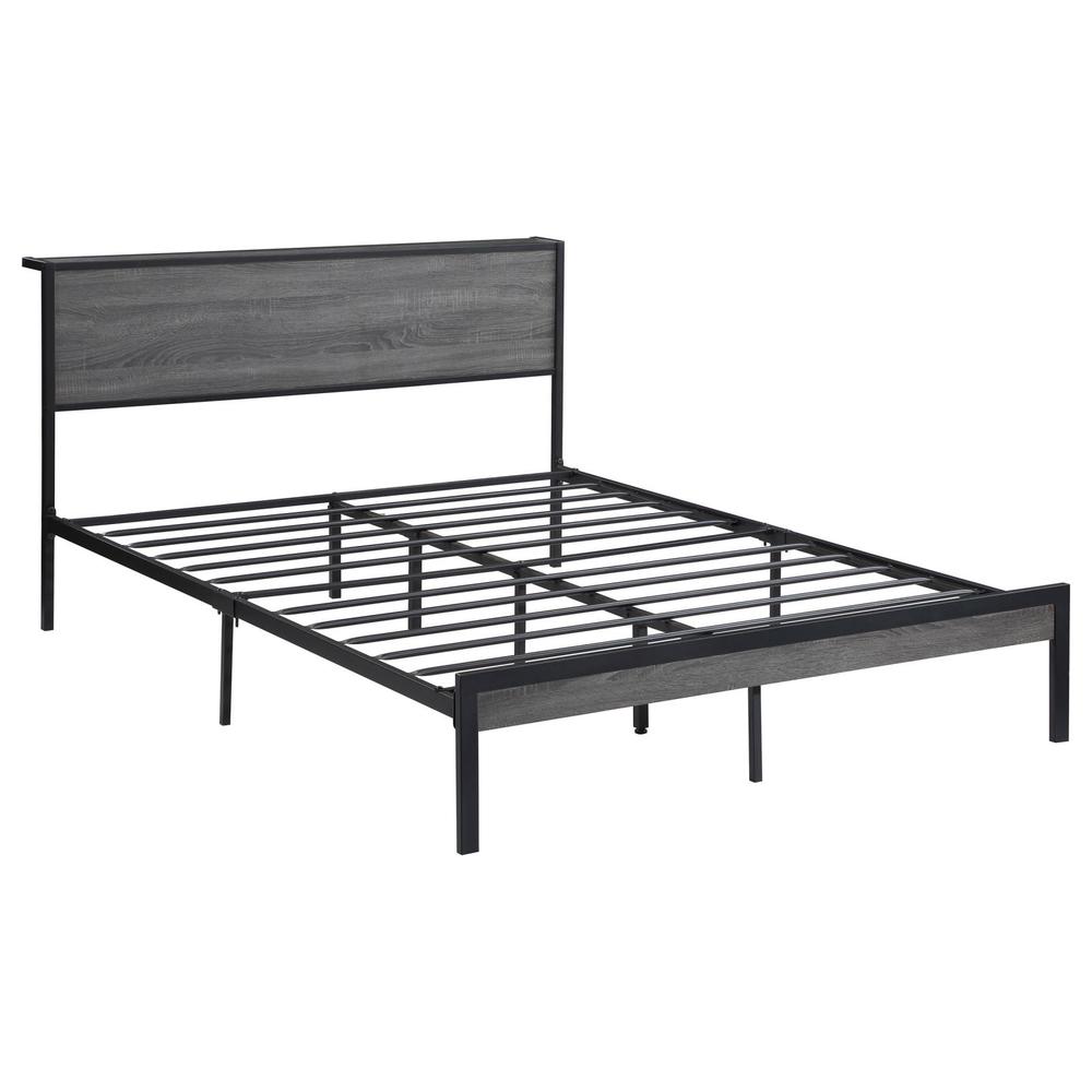Tricia Ricky Queen Grey and Black Metal Platform Bed – Vintage Industrial Style with MDF Headboard