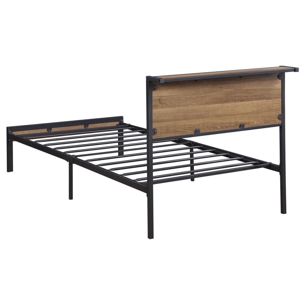 Alisa Ricky Twin Platform Bed Light Oak Black Metal – Vintage Industrial Style with Durable MDF Headboard