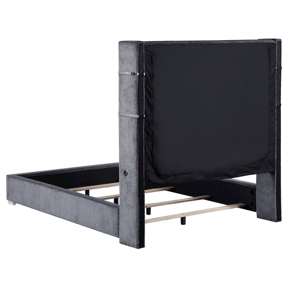 Wilimsum Tisdall Eastern King Grey Corduroy Upholstered Panel Bed – Wingback Style with Built-In Electric Fireplace