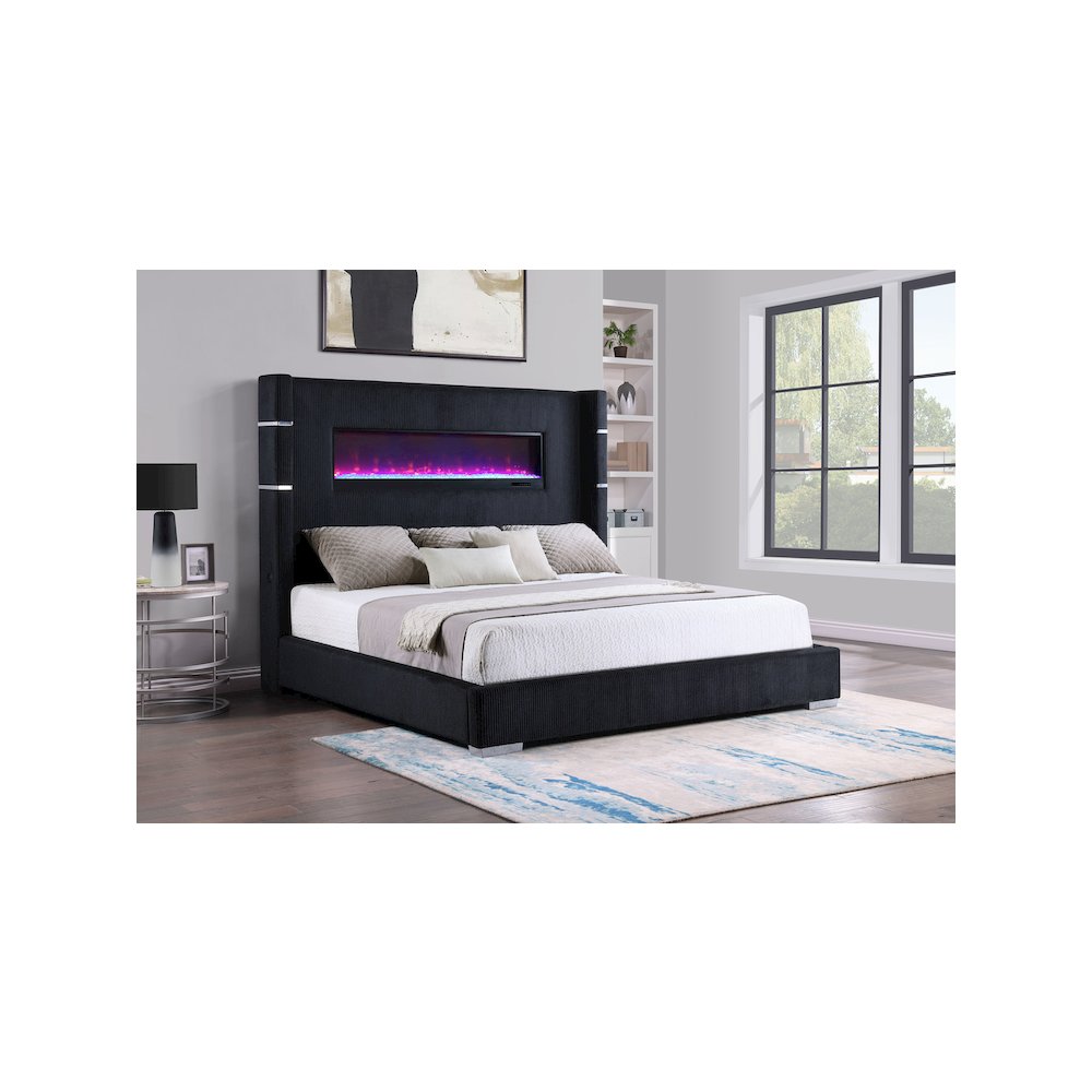 Ben Tisdall California King Black Corduroy Wingback Bed – Upholstered Fireplace Bed with Remote Flames