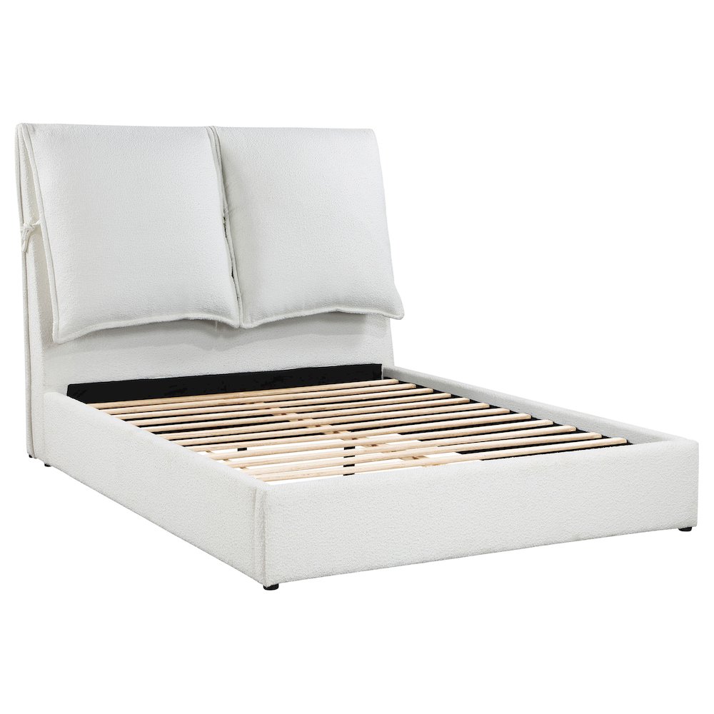 Tasha Gwendoline Queen White Boucle Upholstered Platform Bed  Modern Pillow Headboard Design