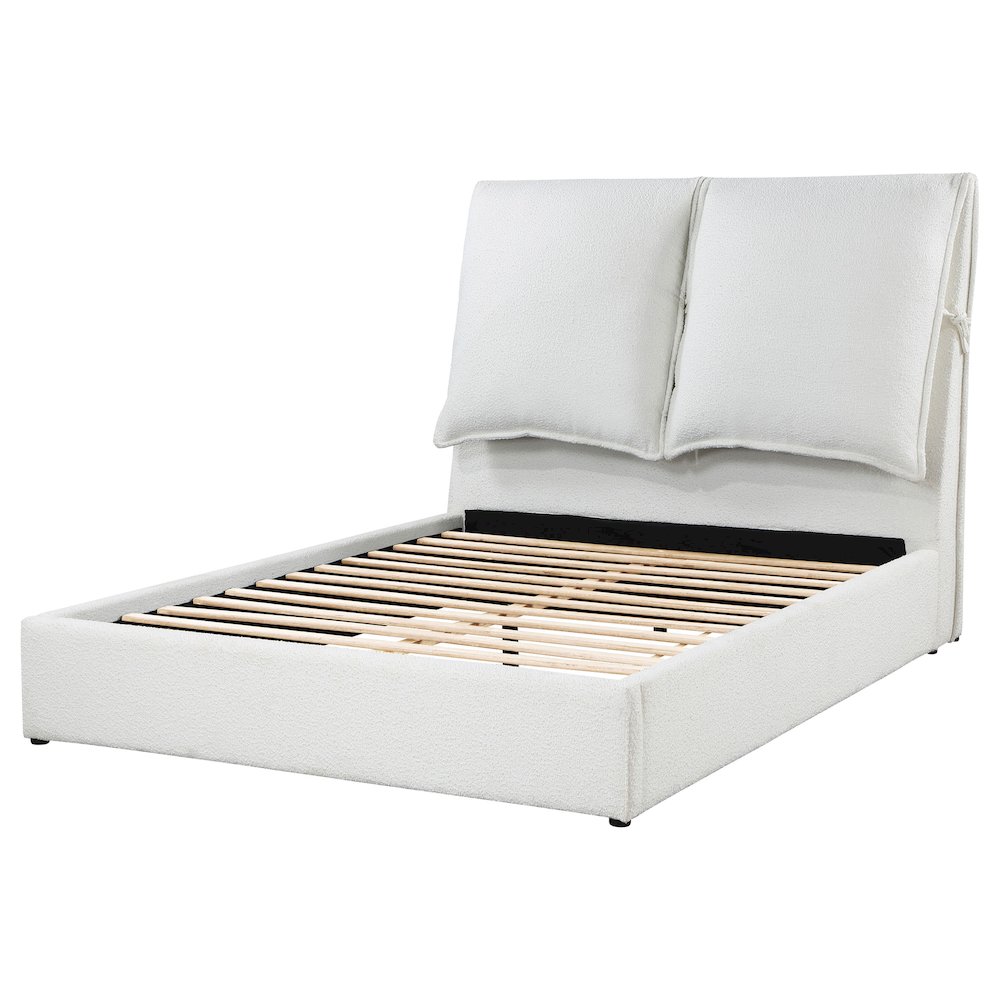 Tasha Gwendoline Queen White Boucle Upholstered Platform Bed  Modern Pillow Headboard Design