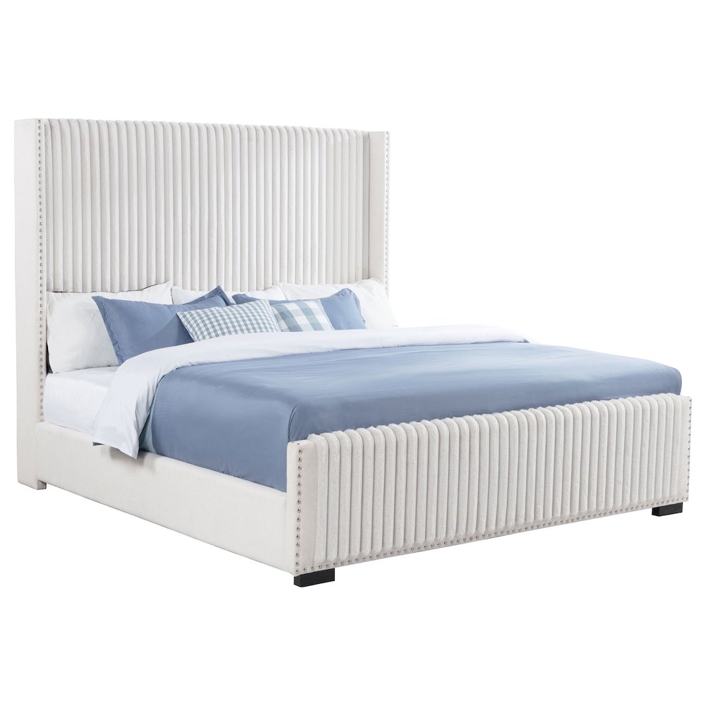 Mars Natasha Collection Eastern King Cream Upholstered Wingback Bed – Traditional Style with Tufted Headboard