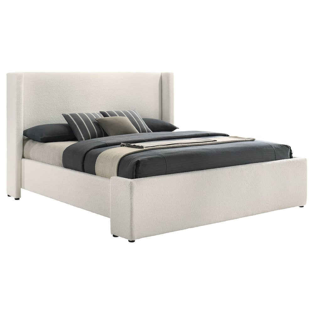 Jully Alamosa Eastern King White Boucle Upholstered Platform Bed Modern Wingback with Low Footboard