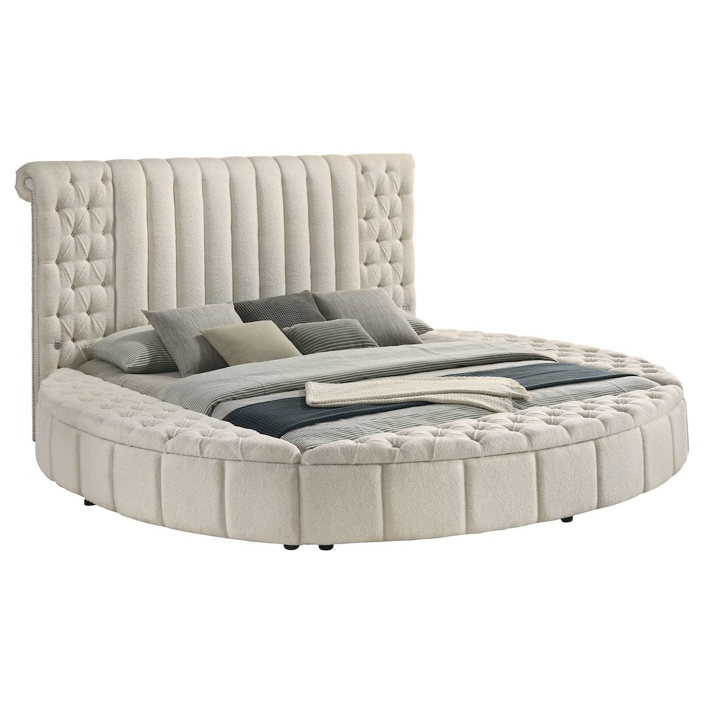 Valda Sonya Eastern King Ivory Upholstered Storage Bed – Round Design