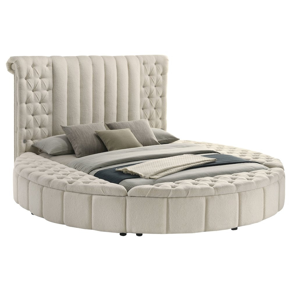 Juvanth Sonya Queen Ivory Upholstered Storage Bed – Round Headboard, Modern Design