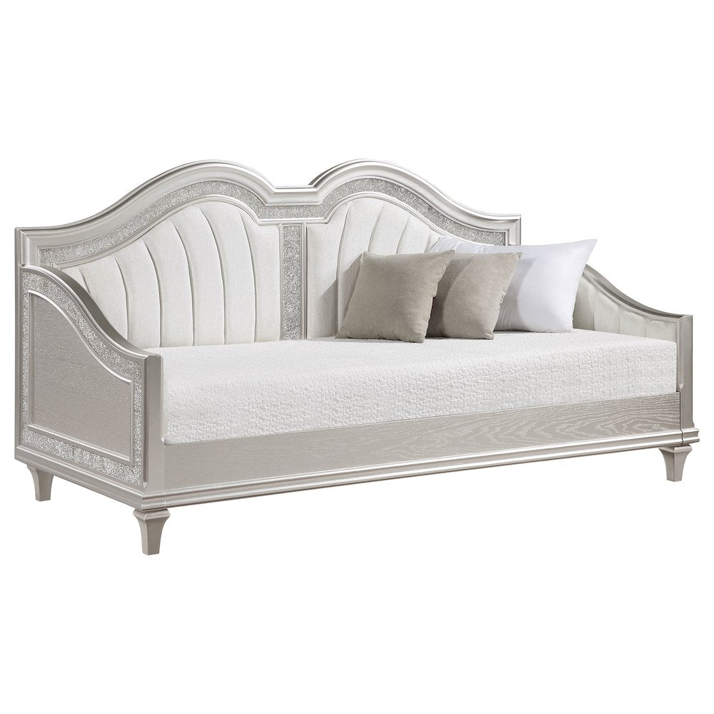 Bartow Evangeline Twin Silver Ivory Upholstered Daybed  Curved Style with Faux Diamond Trim