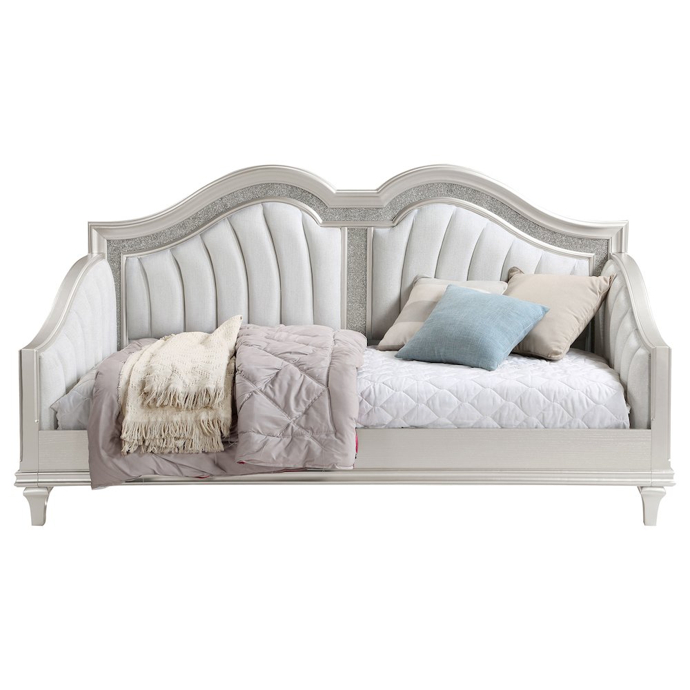 Bartow Evangeline Twin Silver Ivory Upholstered Daybed  Curved Style with Faux Diamond Trim