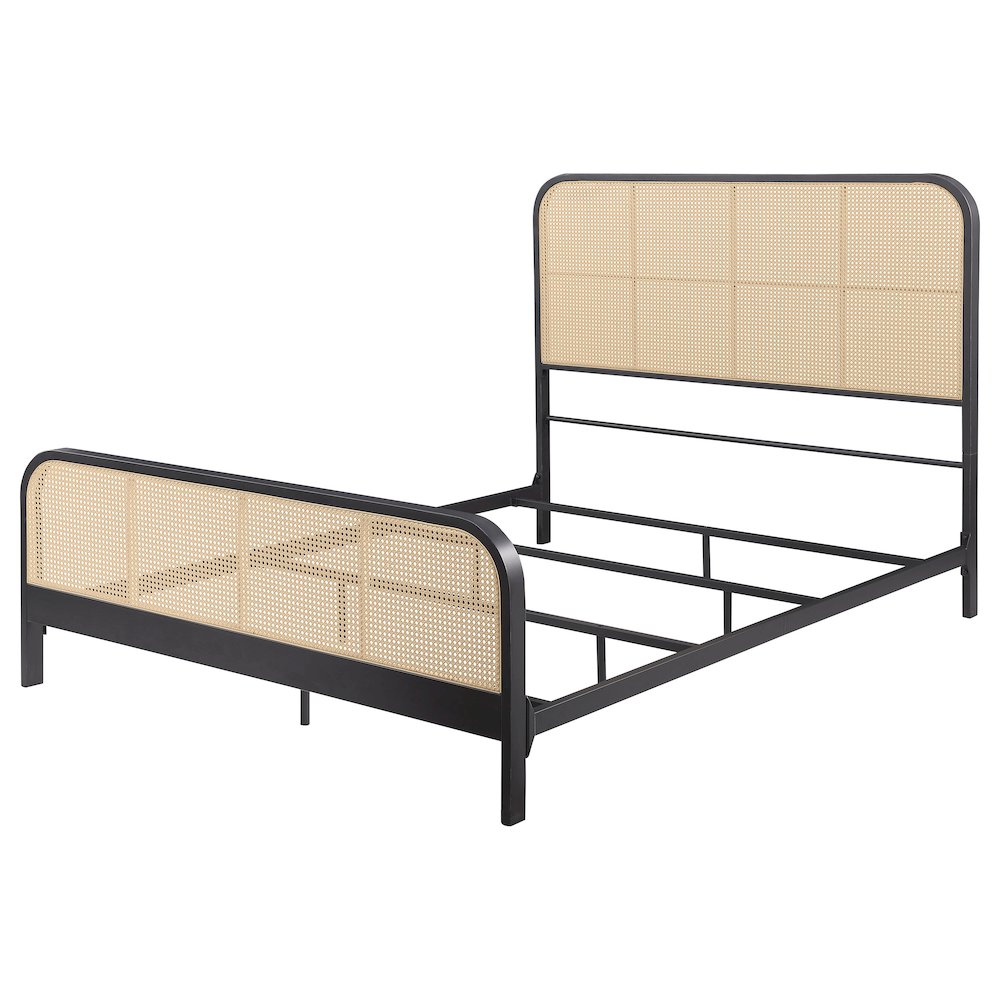 Nocturne Lanewood Queen Black Metal Bed with Cane Webbing – Modern Style