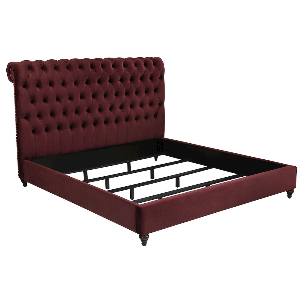 Baudouin Devon California King Wine Red Velvet Panel Bed – Classic Tufted Upholstered with Nailhead Trim