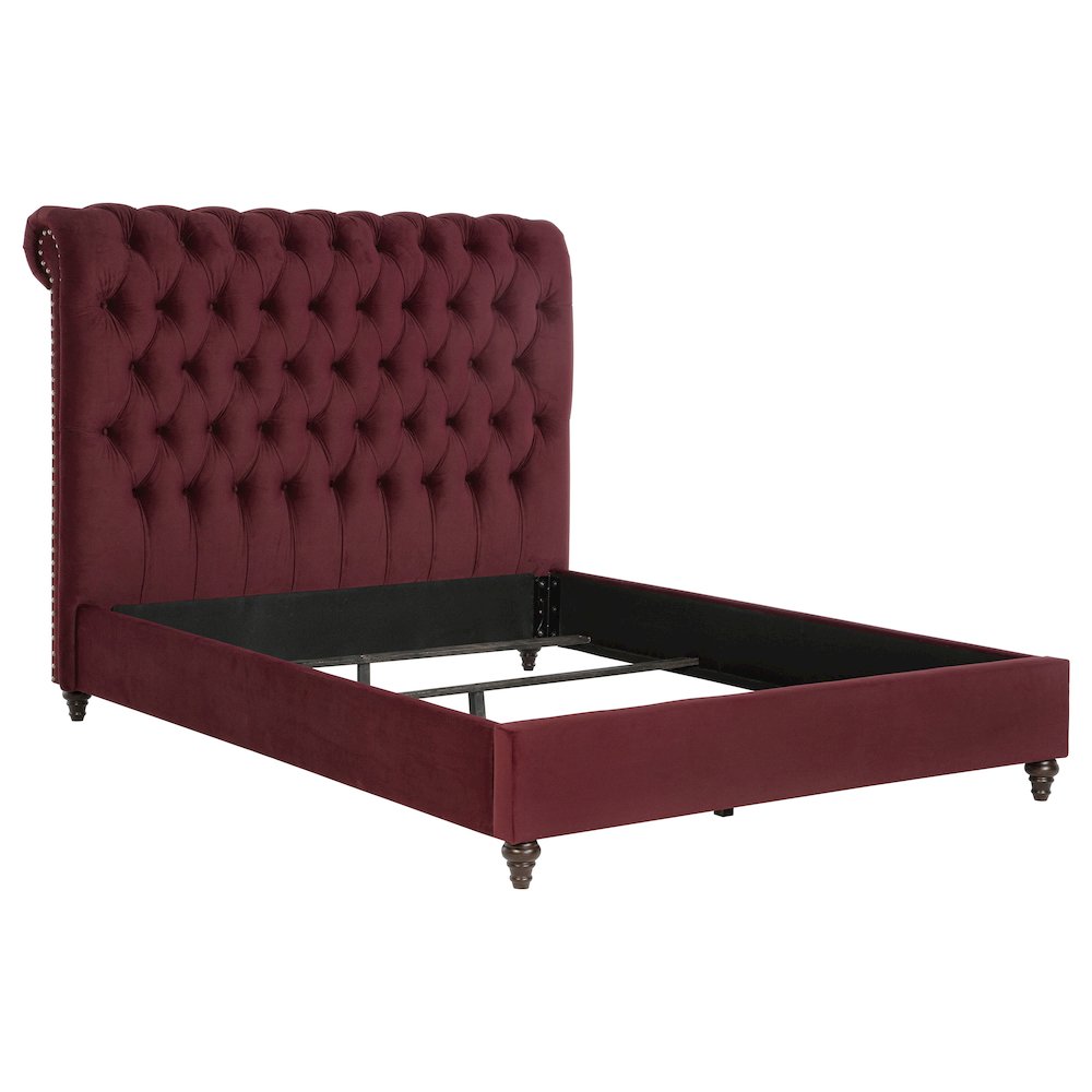 Varian Devon Queen Wine Red Upholstered Panel Bed – Traditional Tufted Headboard with Nailhead Trim