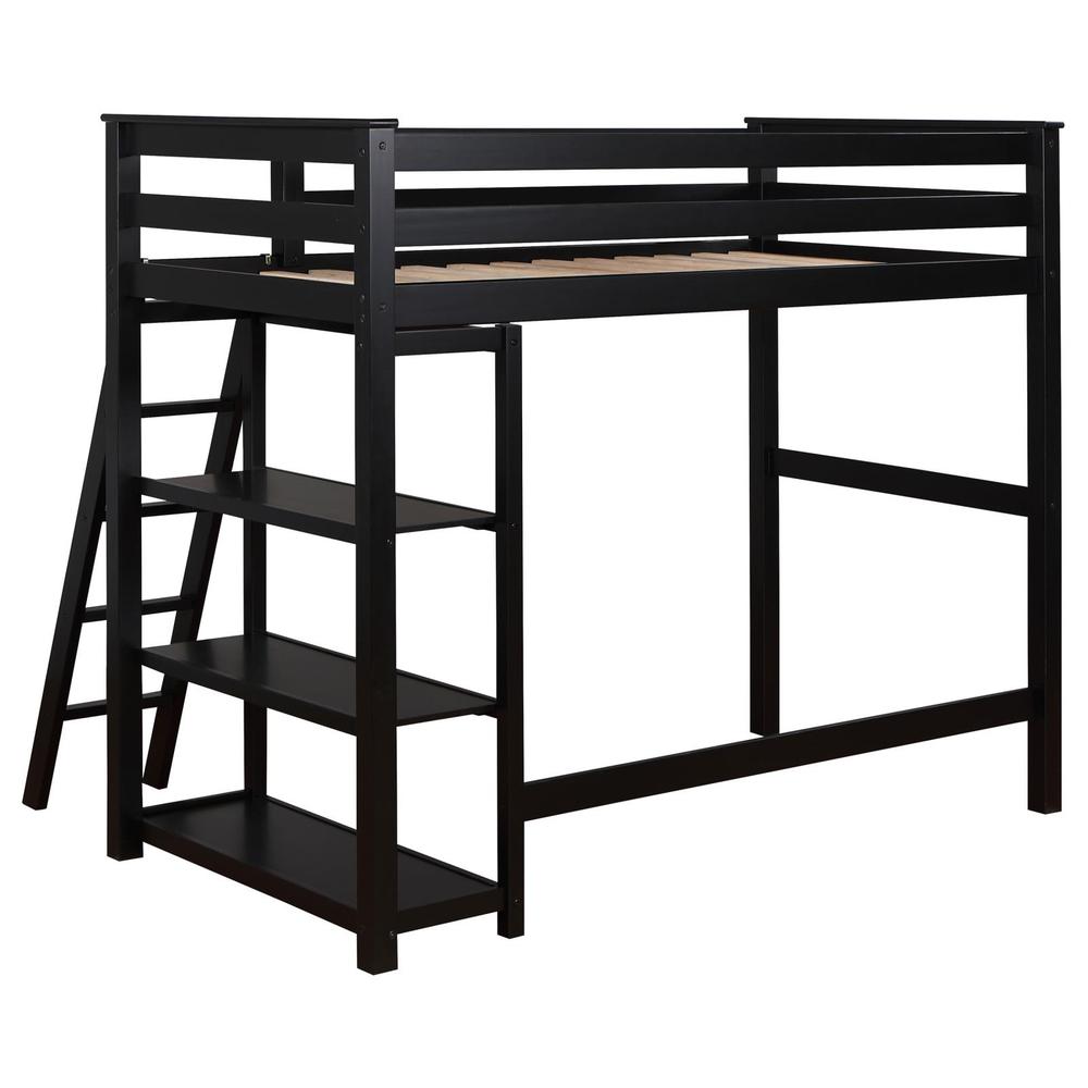 Valina Anica Collection Twin Loft Bed Black Wood  Modern Design with Built-In Shelving