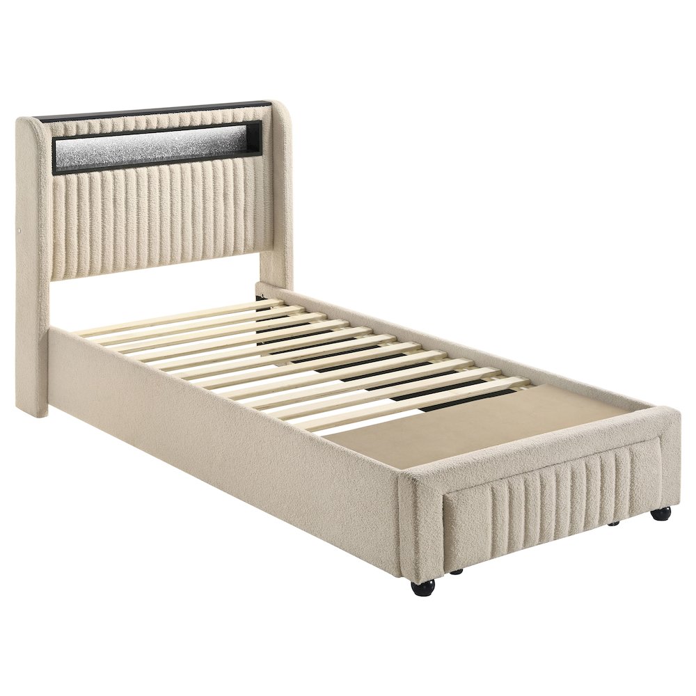 Mark Madison Twin Cream Bouclé Upholstered Storage Platform Bed – Contemporary LED Lighting & Channel Tufting