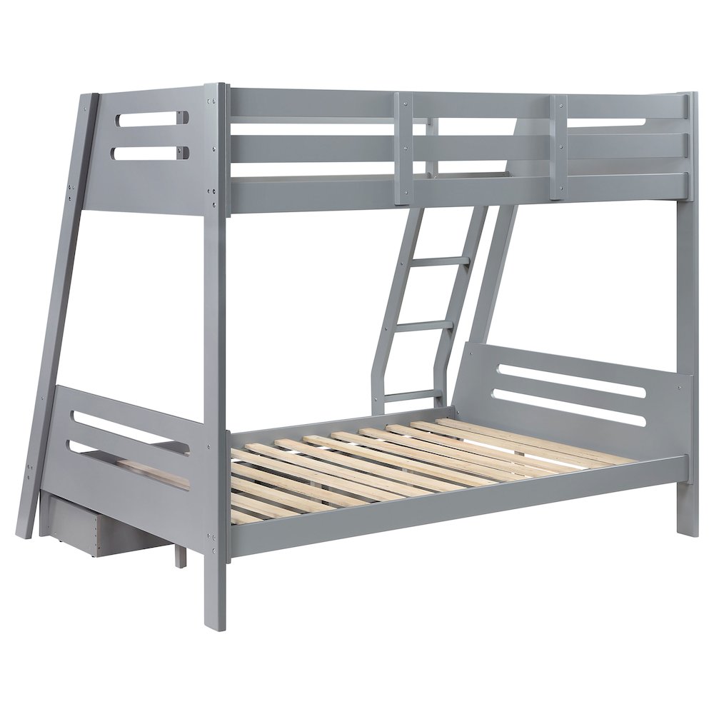 Caryn Trisha Twin Over Full Grey Wood Bunk Bed  Modern Storage Design with Safety Rails