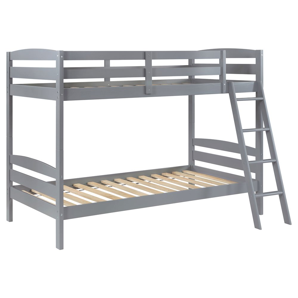 Elena Rhea Modern Grey Wood Twin Over Twin Bunk Bed - Slatted Design Kids Furniture with Safety Rails