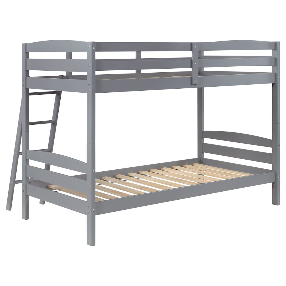 Elena Rhea Modern Grey Wood Twin Over Twin Bunk Bed - Slatted Design Kids Furniture with Safety Rails