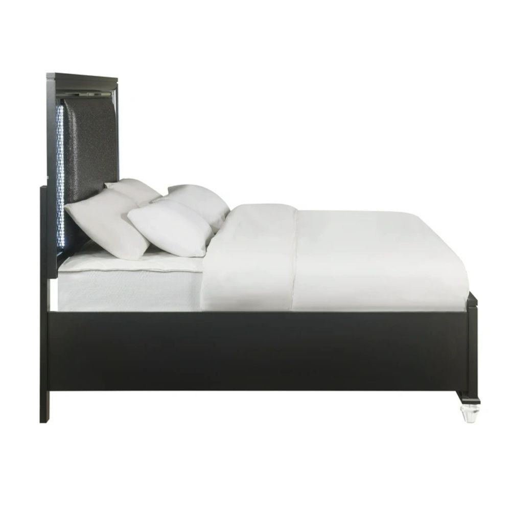 Sawyer Queen Bed w/Storage & LED, Synthetic Leather & Metallic Gray