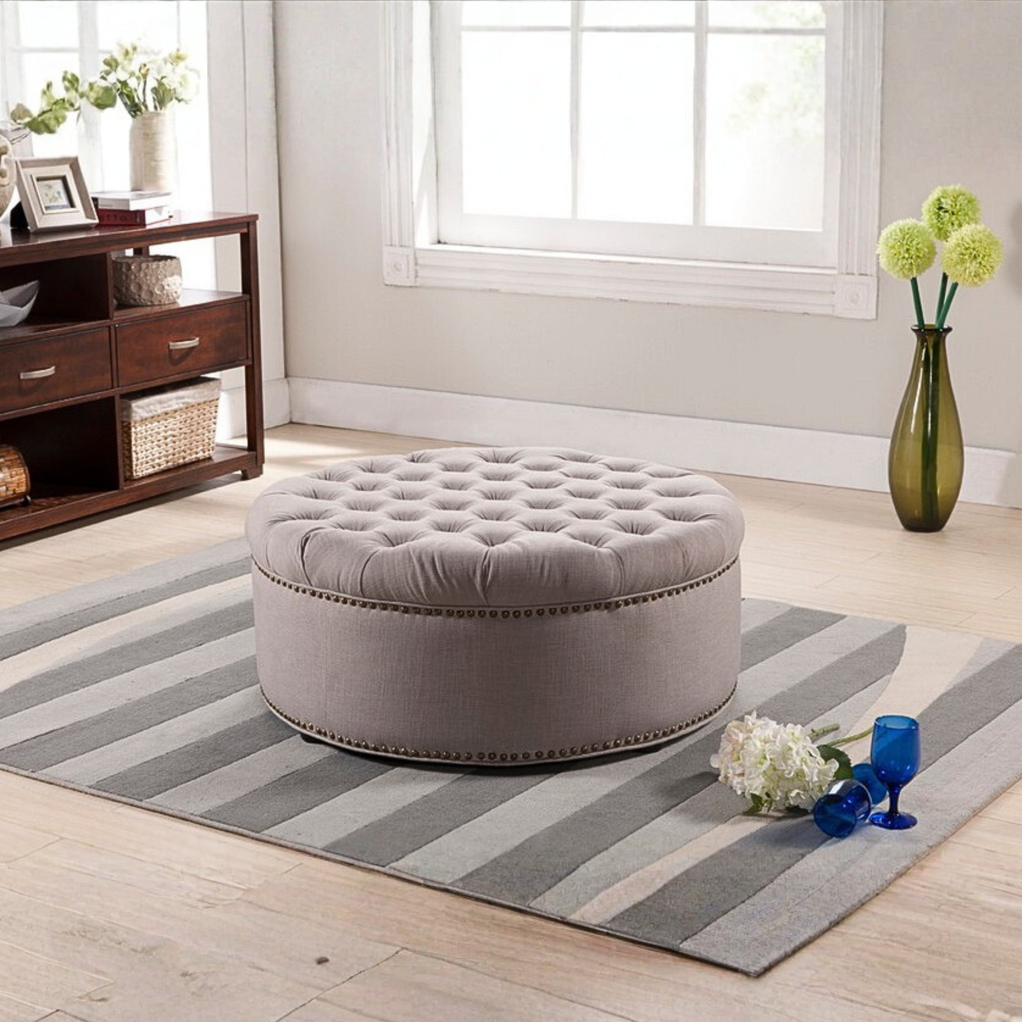 Iglehart Modern Linen Fabric Upholstered Tufted Ottoman
