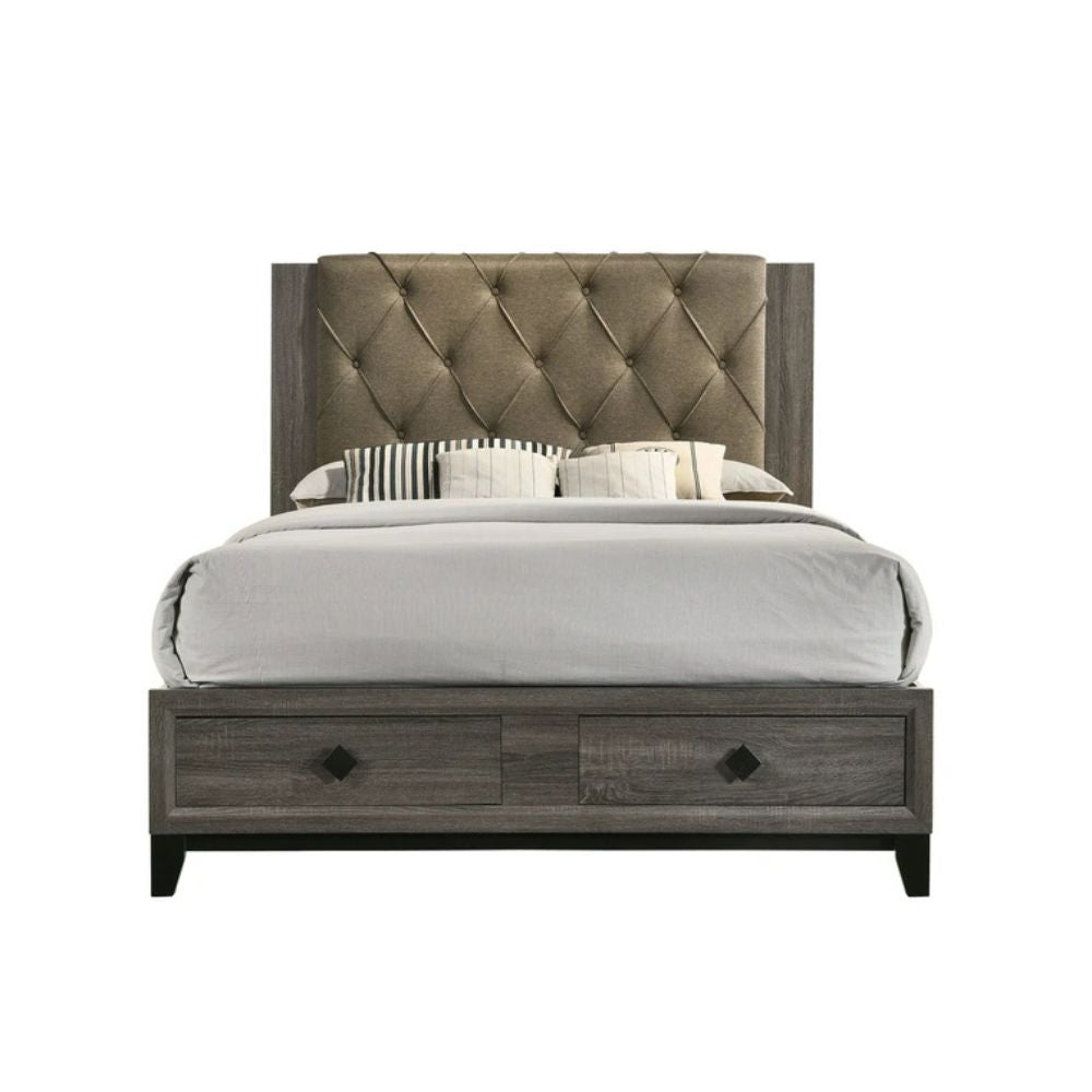 Avantika Eastern King Bed w/Storage, Fabric & Rustic Gray Oak