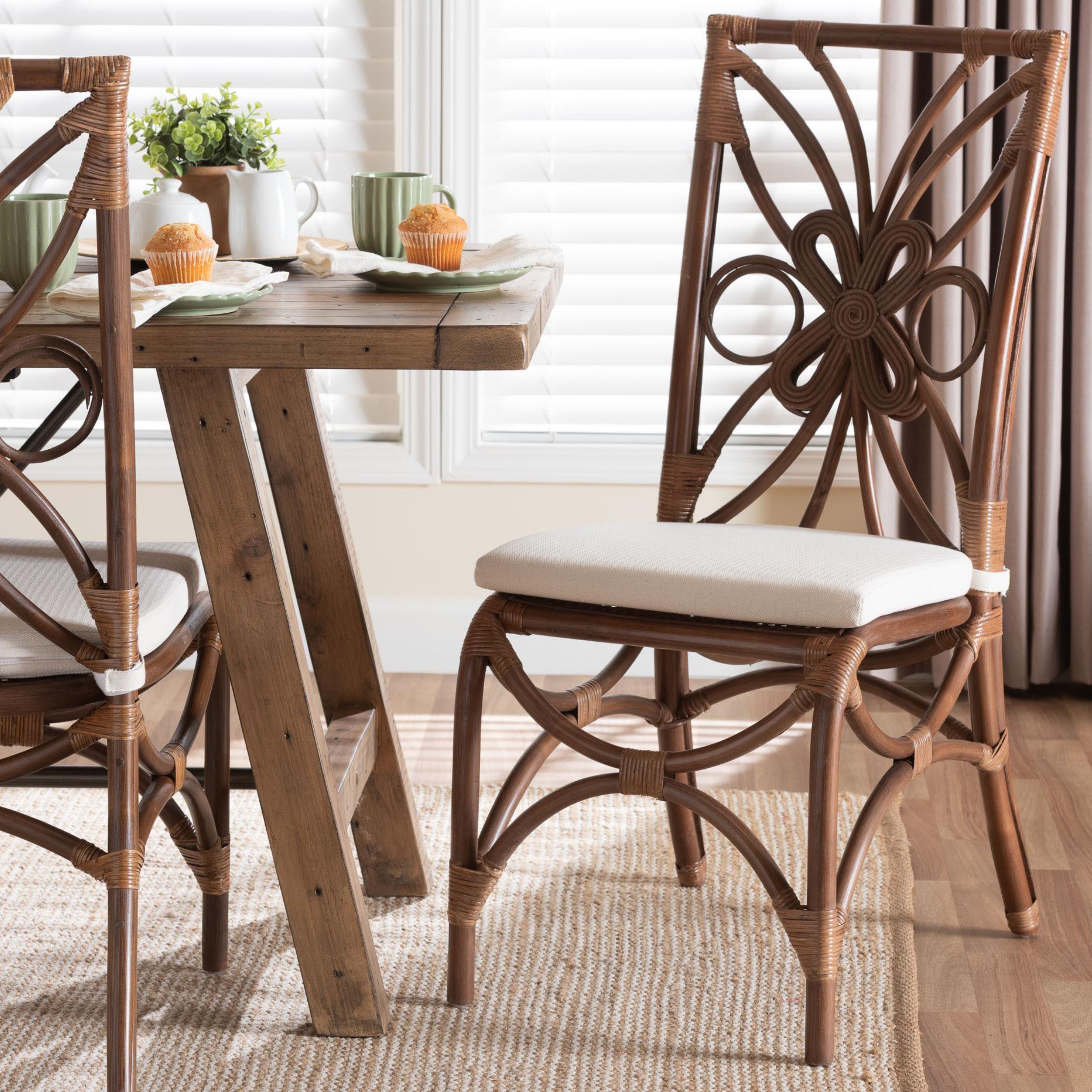 Brama Natural Rattan Dining Chair with Decorative Backrest and Cushioned Seat, Boho Coastal Style Seating for Dining Room or Kitchen