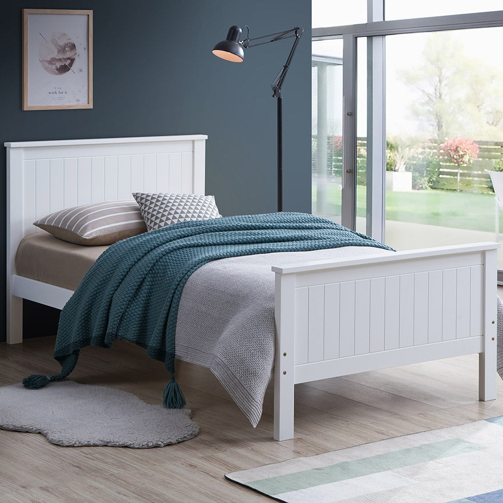 Marissa Bungalow Twin White Wood Bed  Coastal Style Slatted Headboard