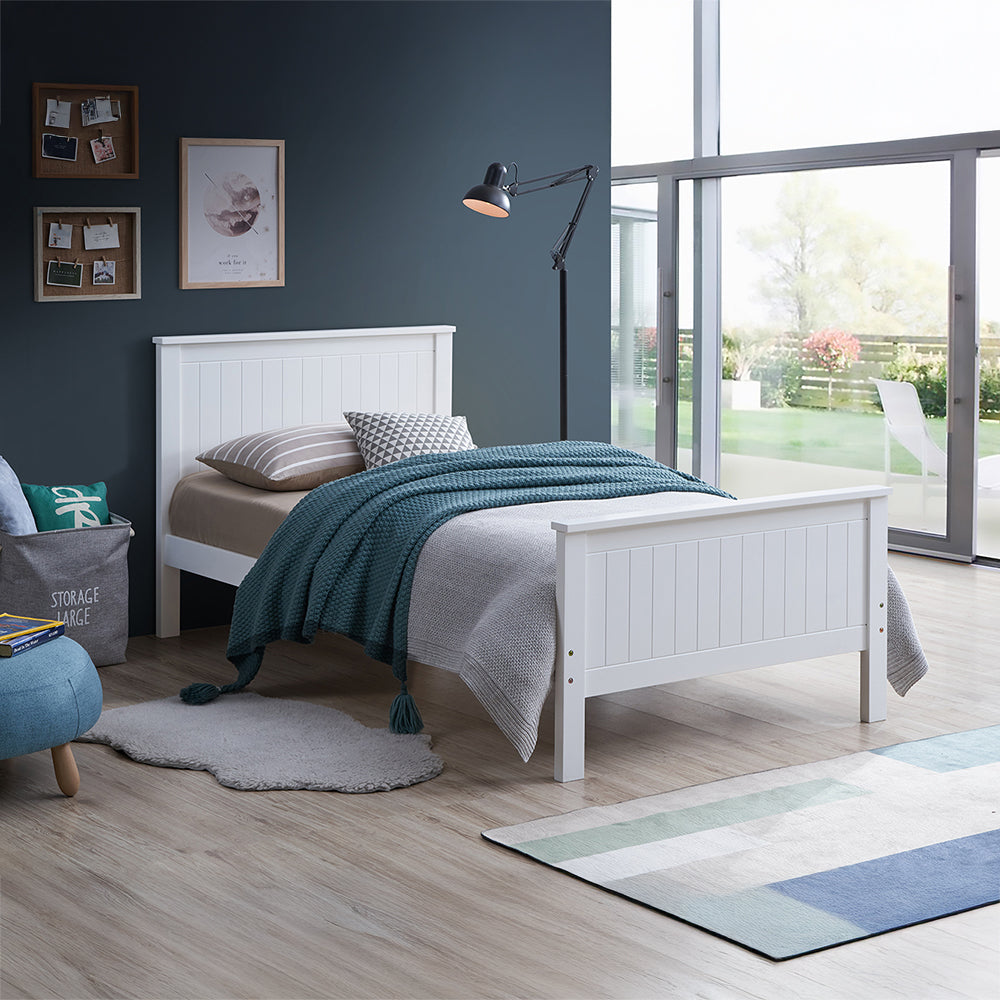 Marissa Bungalow Twin White Wood Bed  Coastal Style Slatted Headboard